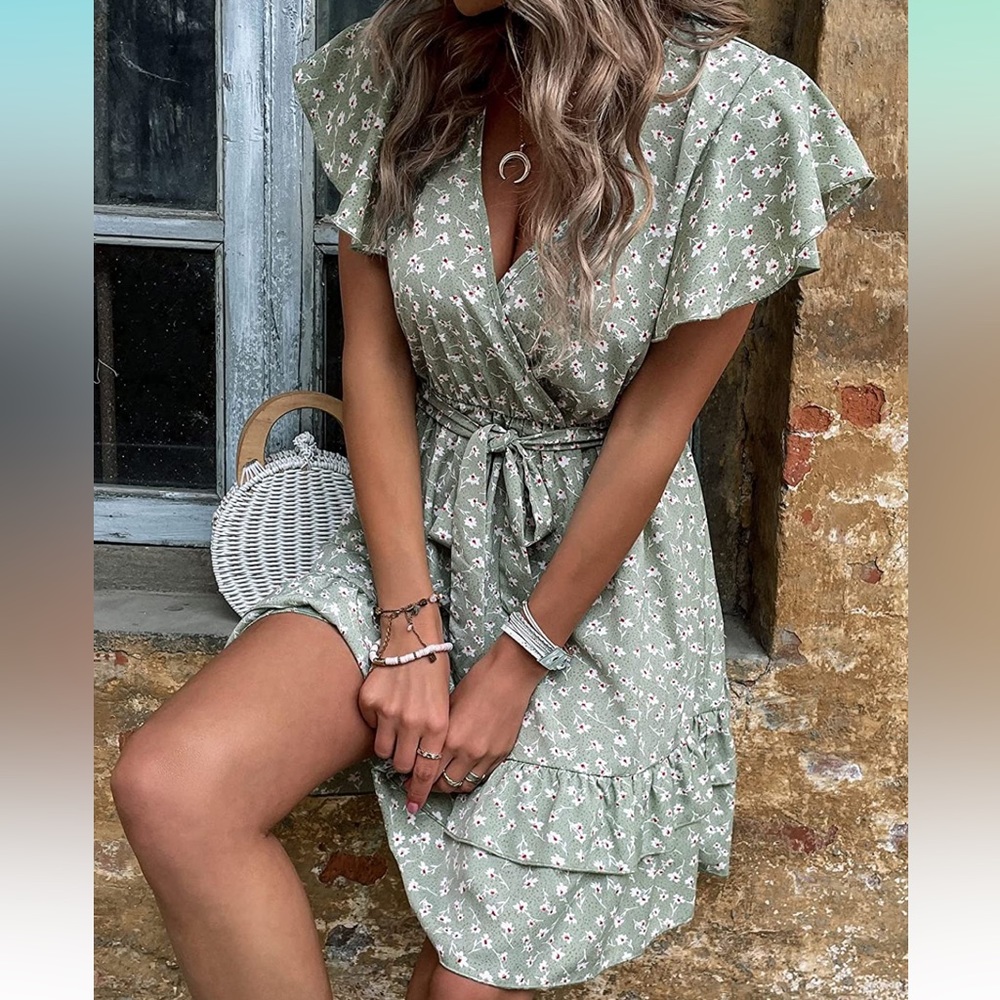 Floral Sage Green Wrap Mini Dress with Tie Waist